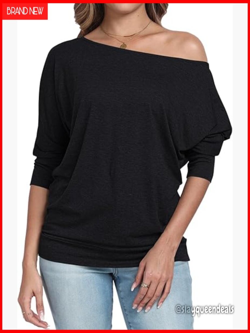 Off Shoulder 3/4 Sleeve Batwing Tunic Top Loose Fit Polyester Blend